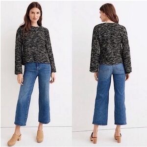 Madewell Women’s Small Black & White Marled Sweater Button Shoulder Wide Sleeves